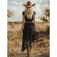 thumbnail image 2 of Women Black Lace V-Neck Short Sleeve Midi Dress With Asymmetrical Hem For, 2 of 6