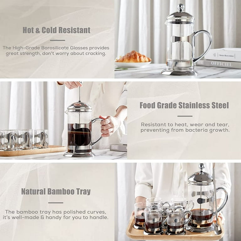 DUJUST Silver French Press Set with 6 Cups 1 Tray Luxury Design