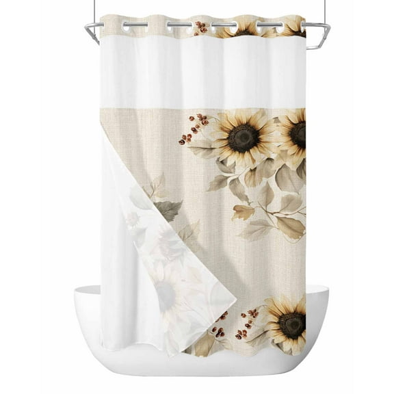 No Hook Cloth Fabric Shower Curtain with Snap in Liner, Farmhouse Sunflowers Waterproof Shower Curtains Set with See Through Top Window, Vintage Watercolor Flowers Floral Bath Curtains Shower 36"x72"