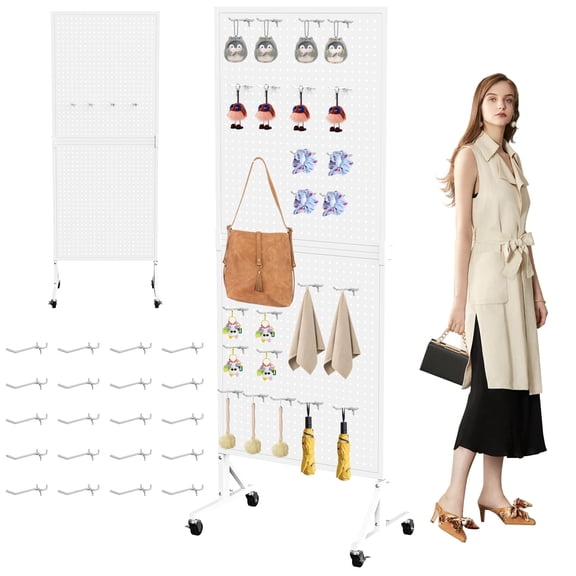 Movable Pegboard Display Rack with Casters, 23.6"x63.8" Heavy Duty Metal Peg Board Organizer, with 10pcs Hooks, for Retail Store, Jewelry Shop, Garage Organization(White)