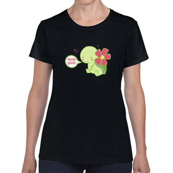 Kawaii Turtle Shell Yeah Graphic Women Black T-Shirt, Female Medium