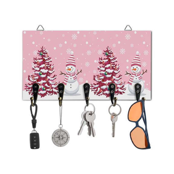 Christmas Key Holder for Wall Christmas Tree Snowman Key Hooks Wood Wall Mounted Key Holder Pink Snowflake Key Rack Organizer with 5 Hooks for Entryway Hallway Office Bathroom Kitchen Home Decor
