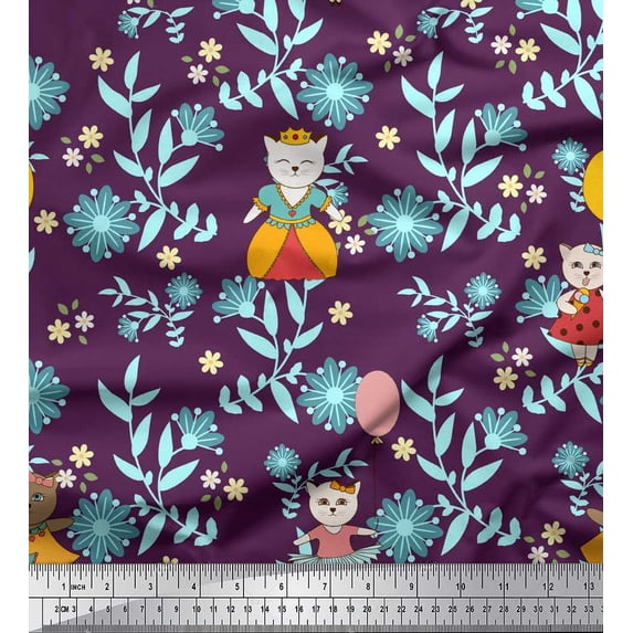 Soimoi Crepe Silk Fabric Leaves,Floral & Princess Cat Cartoon Fabric Prints by Yard 42 Inch Wide