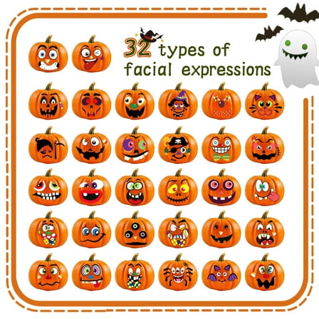 Halloween Pumpkin Decorating Stickers, 16 Sheets with 32 Fun Faces for Small Pumpkins, Perfect for Halloween Party Supplies Trick or Treat Party Favors
