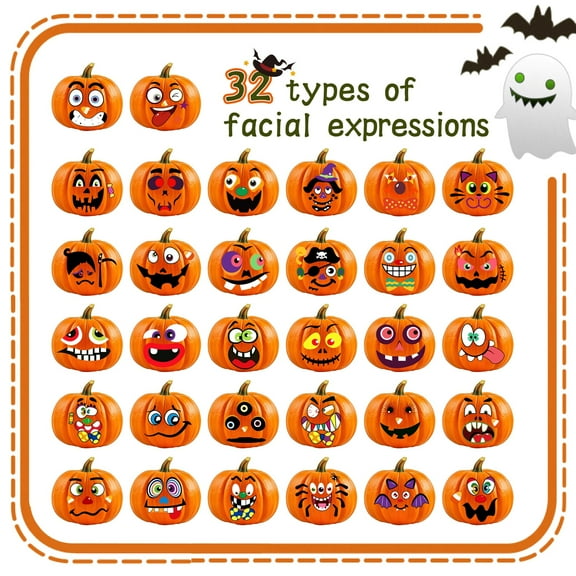 Halloween Pumpkin Decorating Stickers, 16 Sheets with 32 Fun Faces for Small Pumpkins, Perfect for Halloween Party Supplies Trick or Treat Party Favors