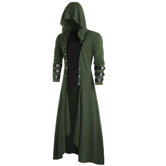 Men's Leather Trim Jacket Gothic Hooded Long Coat Button Up Outerwear with Warm