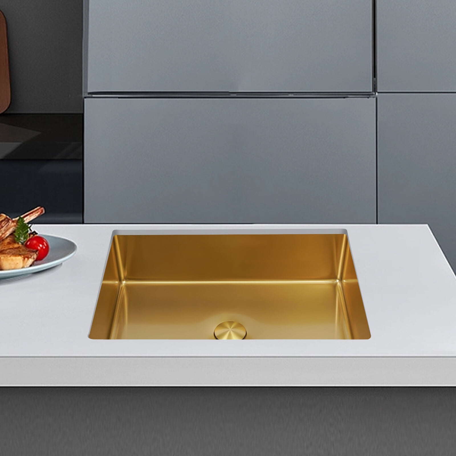 Commercial Stainless Steel Sink, 21.65x14.96x5.31in Golden Finish, 6.07 Gal Capacity with Pop-Up Drain, for Utility Rooms