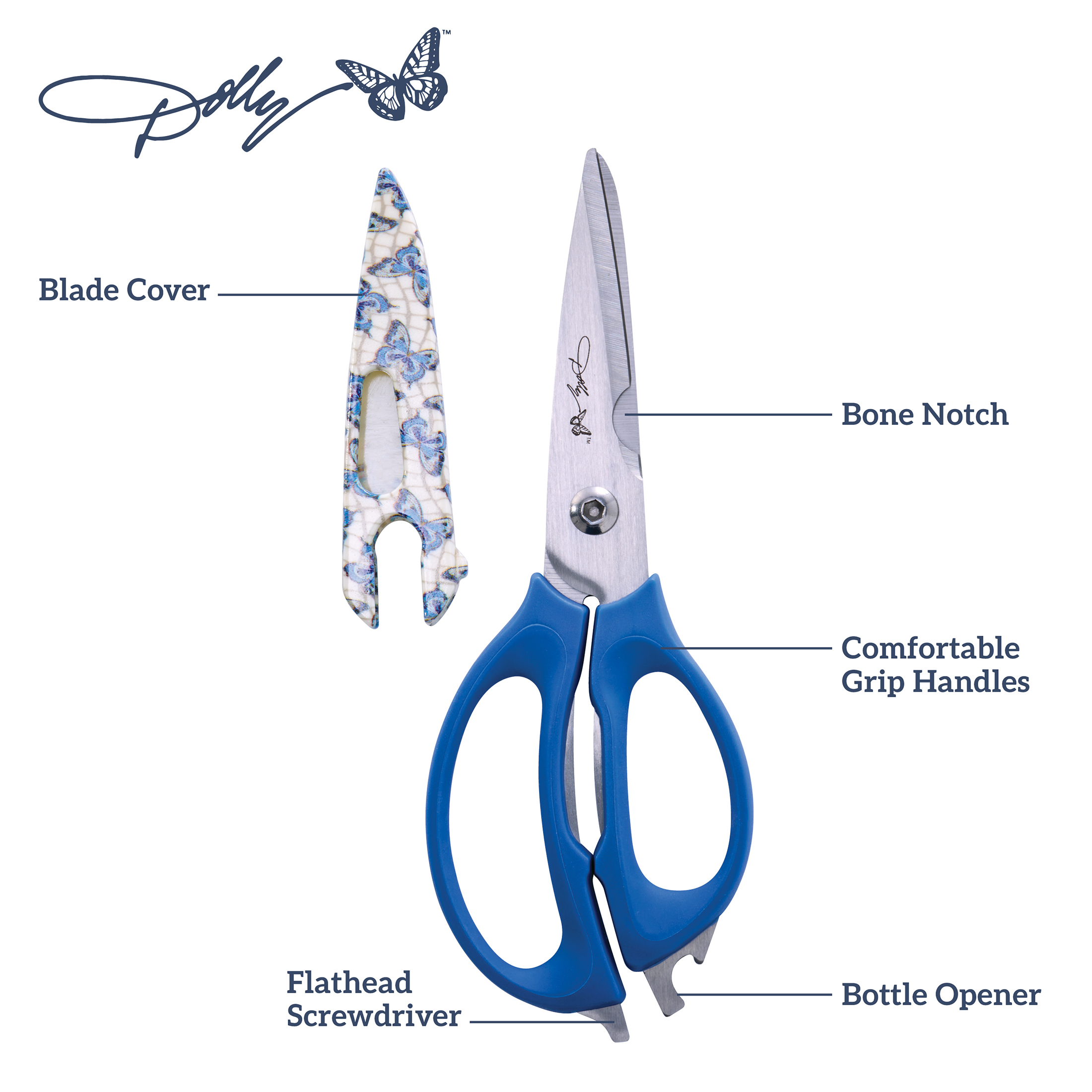 Dolly Parton 4-in-1 Kitchen Scissors with Blue Butterfly Pattern for Everyday Use