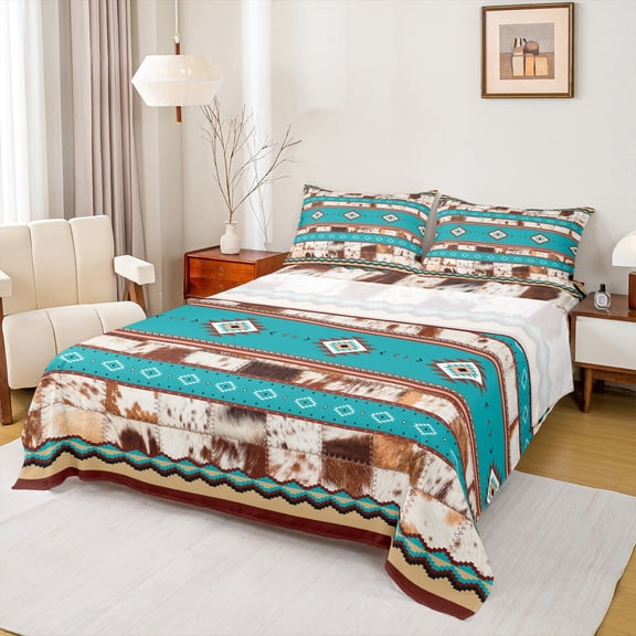 Manfei Rustic Western Aztec Twin Sheet Sets,Country Farmhouse Lodge Twin Fitted Sheet,Cyan Brown Flat Sheet For Men Women,Breathable Home Decor,3 Pieces