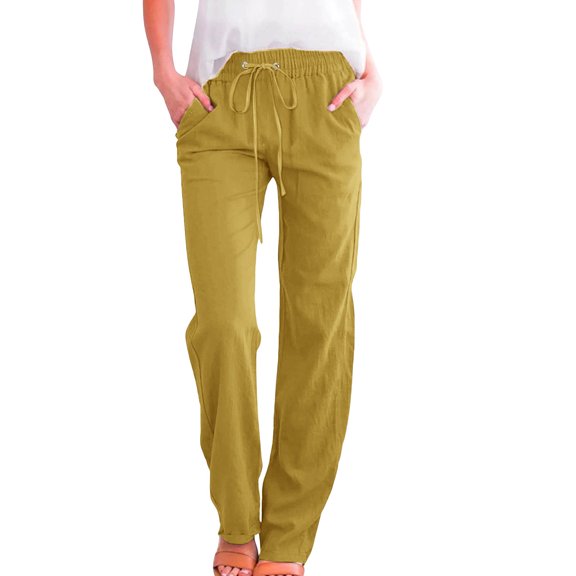 Drawstring Elastic Waist Casual Wide Leg Trousers with Pockets for Womens Cotton Linen Palazzo Pants