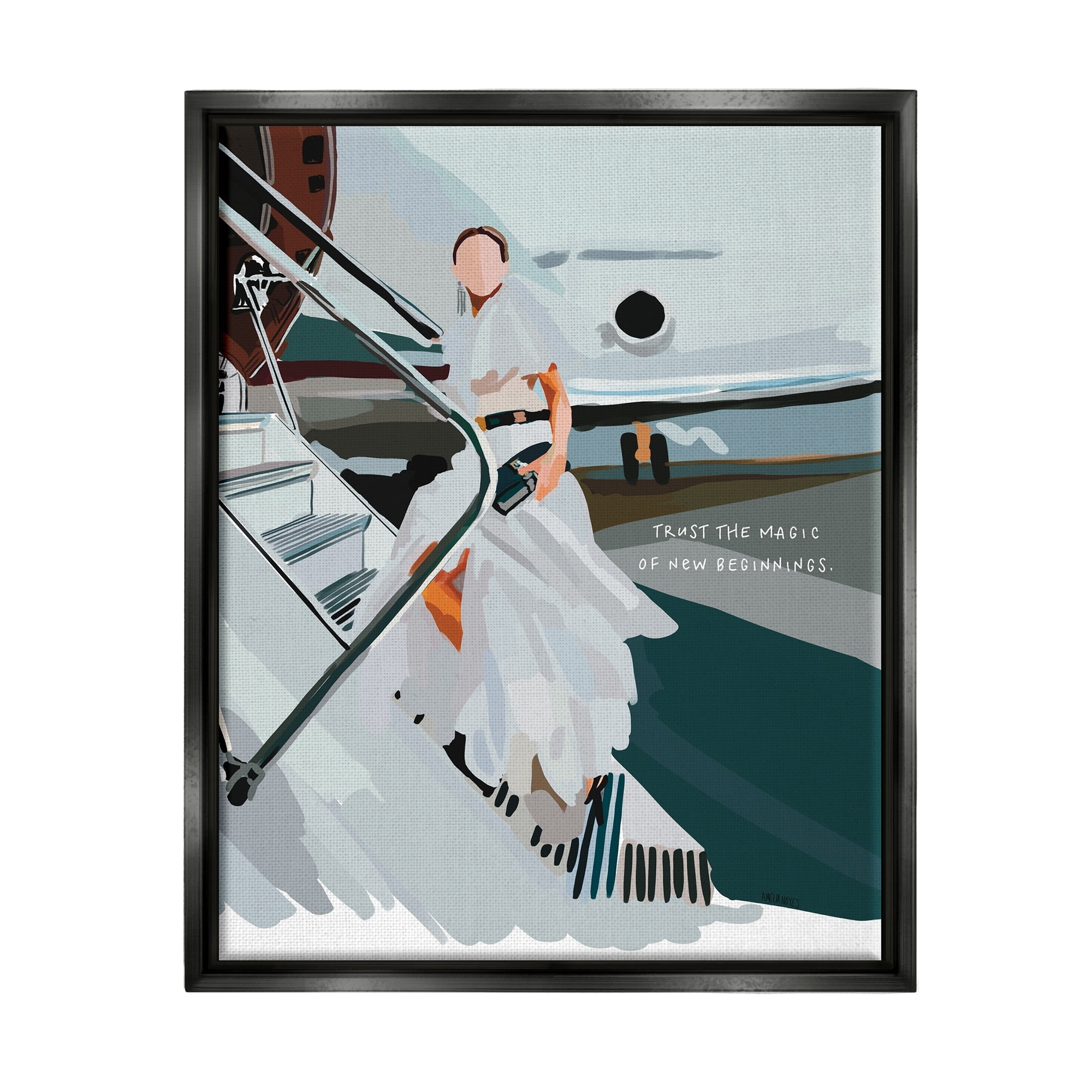 Stupell Industries Magic of New Beginnings Uplifting Woman Boarding Airplane Graphic Art Metallic Gold Floating Framed Canvas Print Wall Art, Design by Amelia Noyes