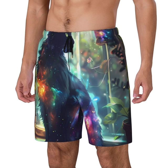 Kdxio Cosmic Cat In Window Print Mens Swim Shorts with Mesh Lining, Breathable and Quick-Drying, Adjustable Waist, Privacy Pocket-XX-Large