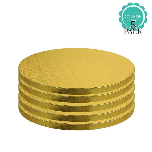 OCreme Round Cake Board, Gold Foil with Design, Sturdy, Durable & Disposable Drums, 1/2 Thick 12 Diameter, 5-PK