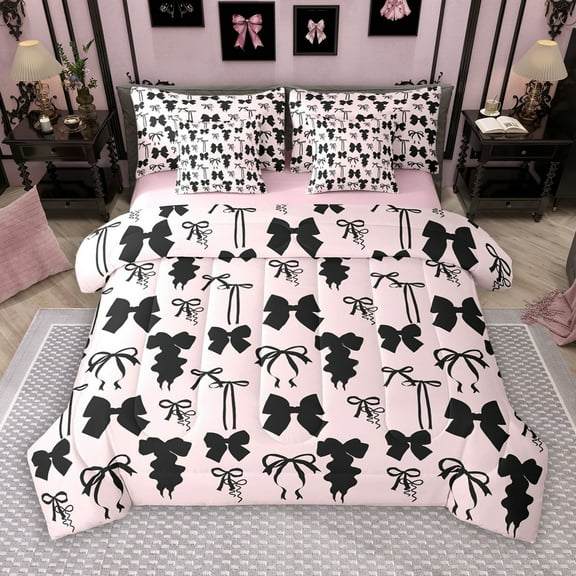 Manfei Girly Pink Ribbon 7-Piece Twin Bedding Sets for Kids, Kawaii Cartoon Bow-tie Bedding Comforter Set, Princess Bowknot Style Reversible Sheet Sets, Luxury Bedroom Decor