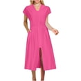 thumbnail image 2 of Uscallm Women's Summer Casual V Neck Short Sleeve Midi Dresses Flowy A-Line Zip Boho Beach Vacation Solid Maxi Sundresses, Hot Pink M, 2 of 9