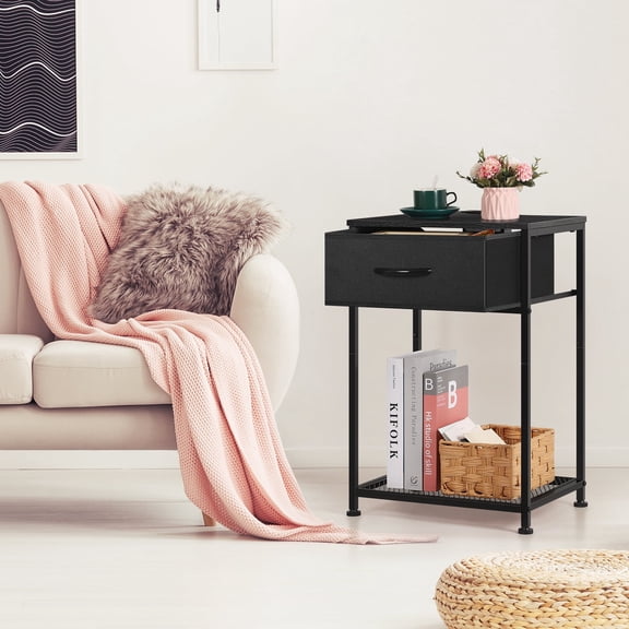 Nightstand Set of 2 with Charging Station, 2‑Tier End Table with USB Ports & Fabric Drawer, Small Bedside Table for Bedroom, Living Room, Guest Room