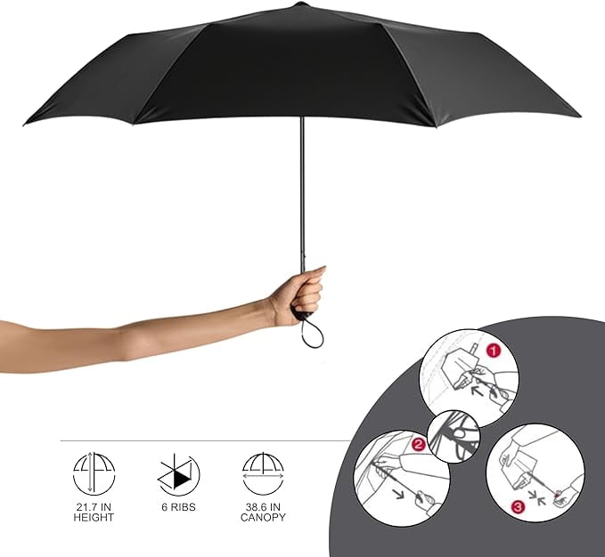 Knirps AS.050 Slim Manual Folding Rain Umbrella in Black – 38" Lightweight Fiberglass 6-Rib Pocket Canopy, Ultra-Compact 6.7oz Travel Size Design, Durable Steel Frame, Travel Case Included