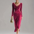thumbnail image 3 of ClodeEU Women's Velvet Draped Neckline Long Sleeve Dress, Elegant Bodycon Ruched Party Dress Hot Pink,Womens Plus XXL, 3 of 7
