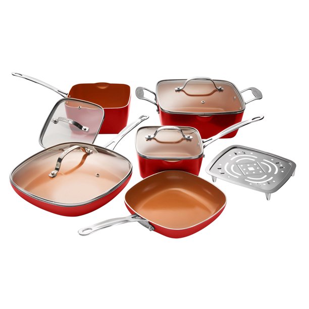 Gotham Steel Nonstick 10 Piece Square Frying Pan & Cookware Set, Red