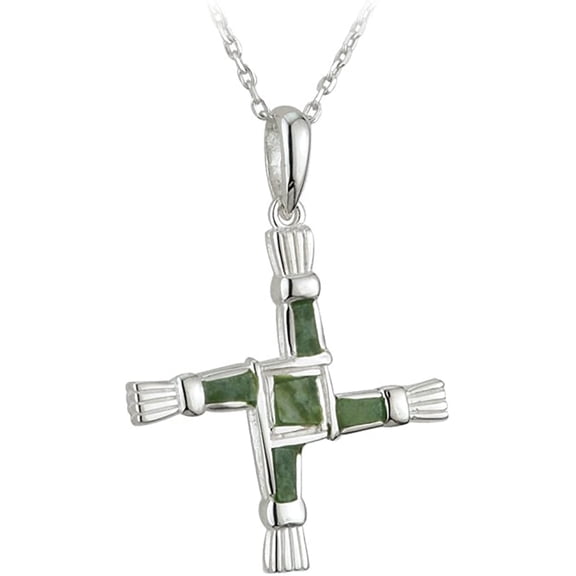 Saint Brigid Celtic Cross Pendant Necklace 925 Sterling Silver and Connemara Marble Inlay, Authentic Irish Jewelry Imported from Ireland,18" Length, 7/8" x 1 1/14" Inch