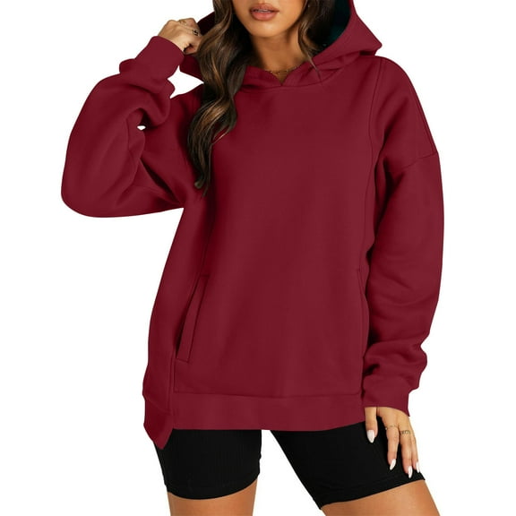 Winter Women's Fashion Hoodies & Sweatshirts Crewneck Side Zipper Oversized Long Sleeve Red Hooded Sweatshirt Sizes S-2XL