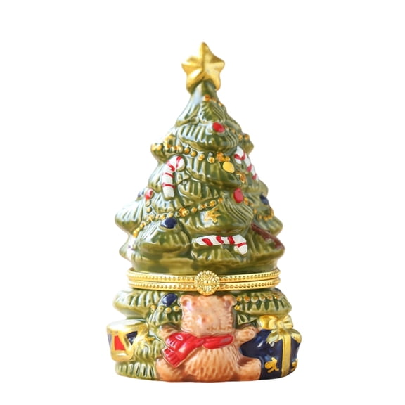 Ceramic Christmas Tree Trinket Box with Christmas Ornaments and Star Topper for Home Decor and Gift Storage