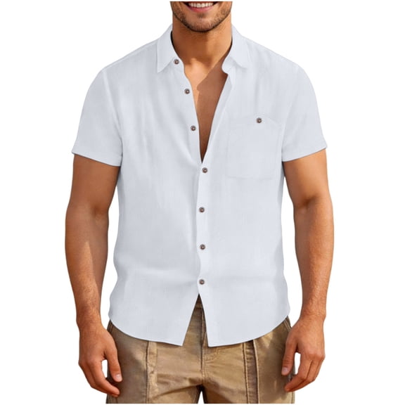 OGLCCG Linen Shirts for Men Lapel Collar Short Sleeve Button Down Shirts Summer Casual Beach Vacation Tees Tops with Pocket,L,White