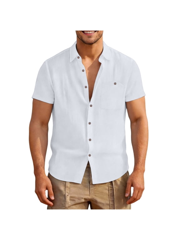 Mens Short Sleeve Point Collar Single Chest Pocket Linen Blend Shirt for Daily Office Smart Casual Wear White XXXL