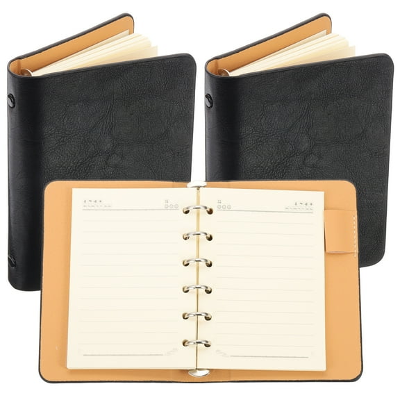 6 Ring Binder Cover, 2 Pack A7 Leather Notebook Binder Mini Refillable Loose Leaf Personal Planner with 50 Sheets Line Paper, Black