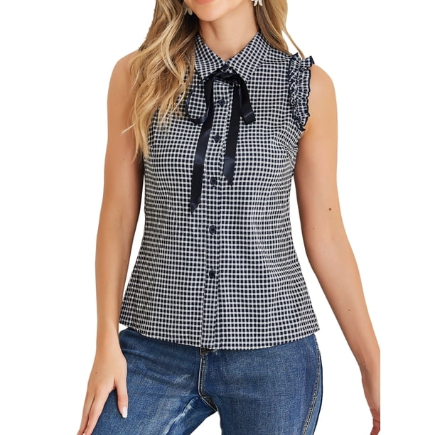 CAMISA DE OFICINA SIN MANGAS CON VOLANTES Y LAZO PARA MUJERES INSPIRADA EN CHIC, GINGHAM, TAMAÑO S, AZUL OSCURO