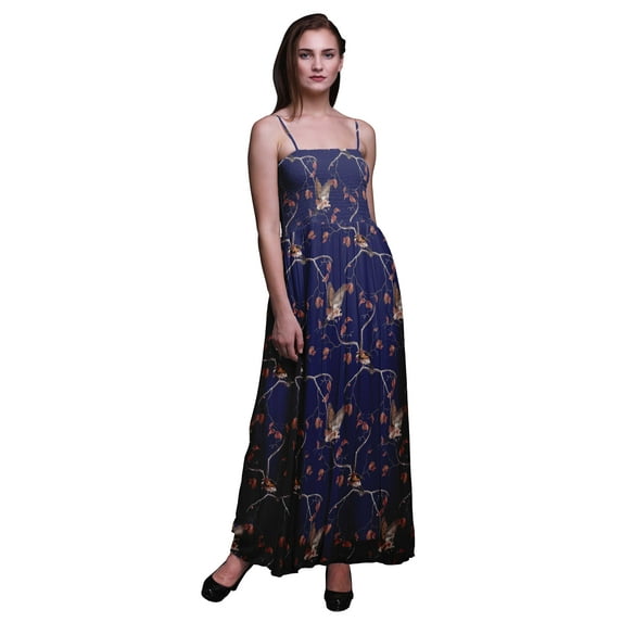 Bimba Dry Leaves & Goldfinch Bird Bimba Printed Women Flowy Smocked Spaghetti Strap Dress-Medium