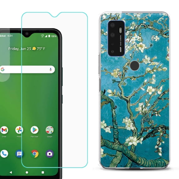 Slim-Fit Gel TPU Phone Case for Cricket Dream 5G, with Tempered Glass Screen Protector, by OneToughShield ® - Almond Blossom