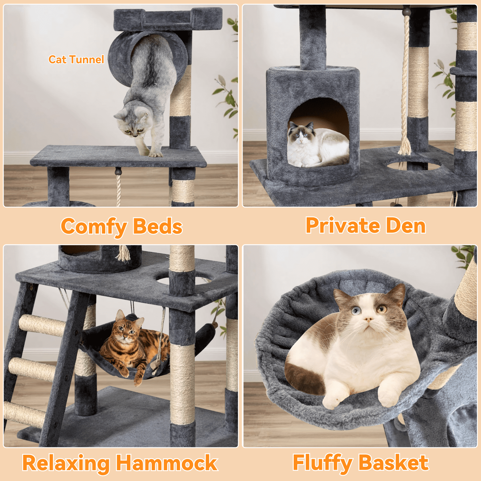 Baohe Indoor Cat Tower 62-Inch Modern Cat Tree with Widened Perch, Ideal for Big Cats & Kittens. Multi-Level Design with Scratching Posts, Tunnel, Basket & Cave Condo
