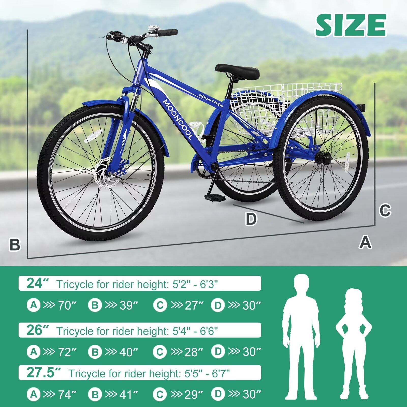 MOPHOTO 26" Mountain Tricycle, 7 Speed Adult Trikes Shopping Bicycle with Rear Basket, Adult Tricycle for Men Exercise, Durable and Safe