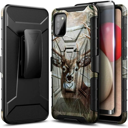 Nagebee Phone Case Compatible for Samsung Galaxy A03S with Tempered Glass Screen Protector (Full Coverage), Belt Clip Holster with Built-in Kickstand, Heavy Duty Shockproof Armor Rugged Case (Deer)