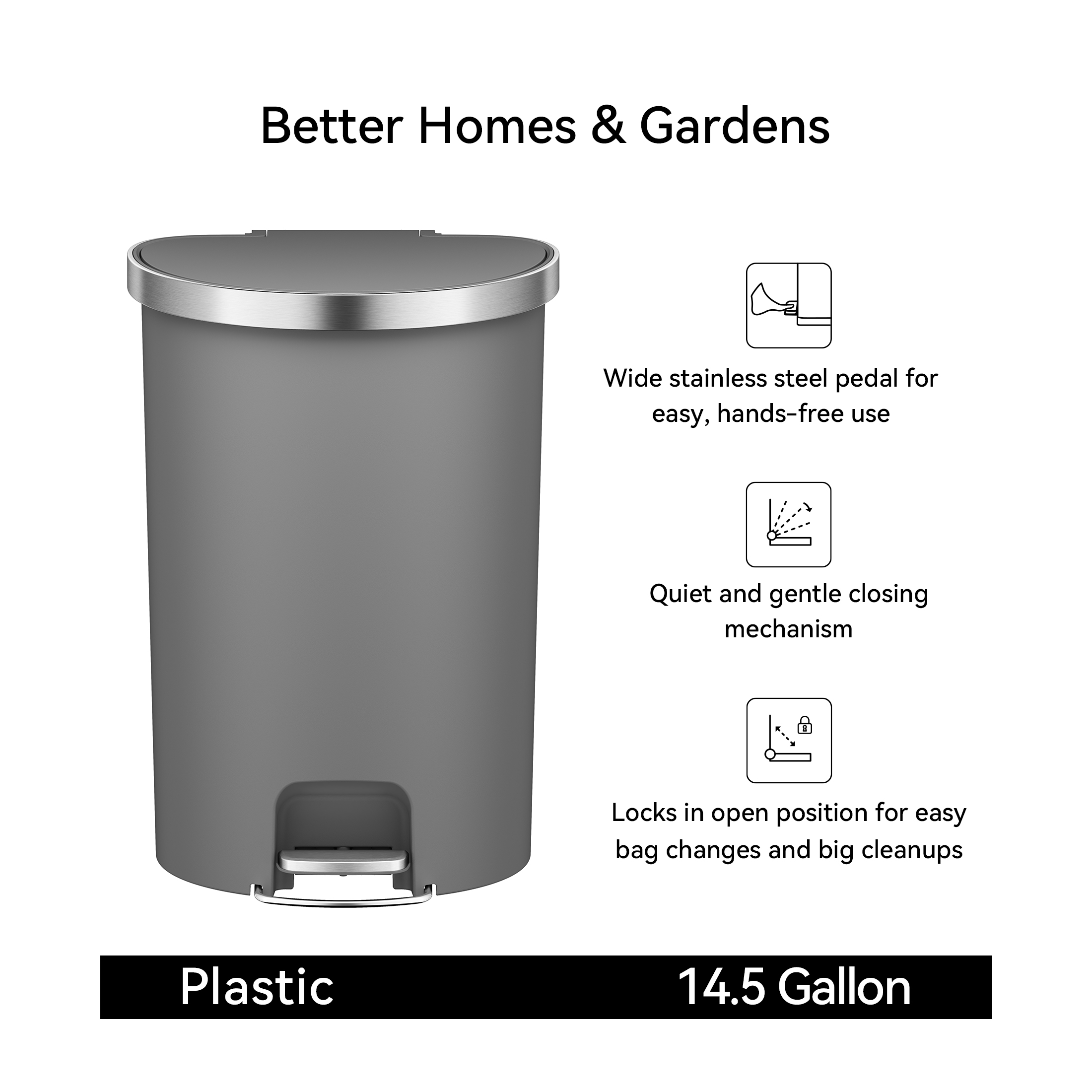 Better Homes & Gardens Large Kitchen Trash Can, 14.5 Gallon Plastic Semi Round Step Garbage Bin with Soft Close Lid, Gray