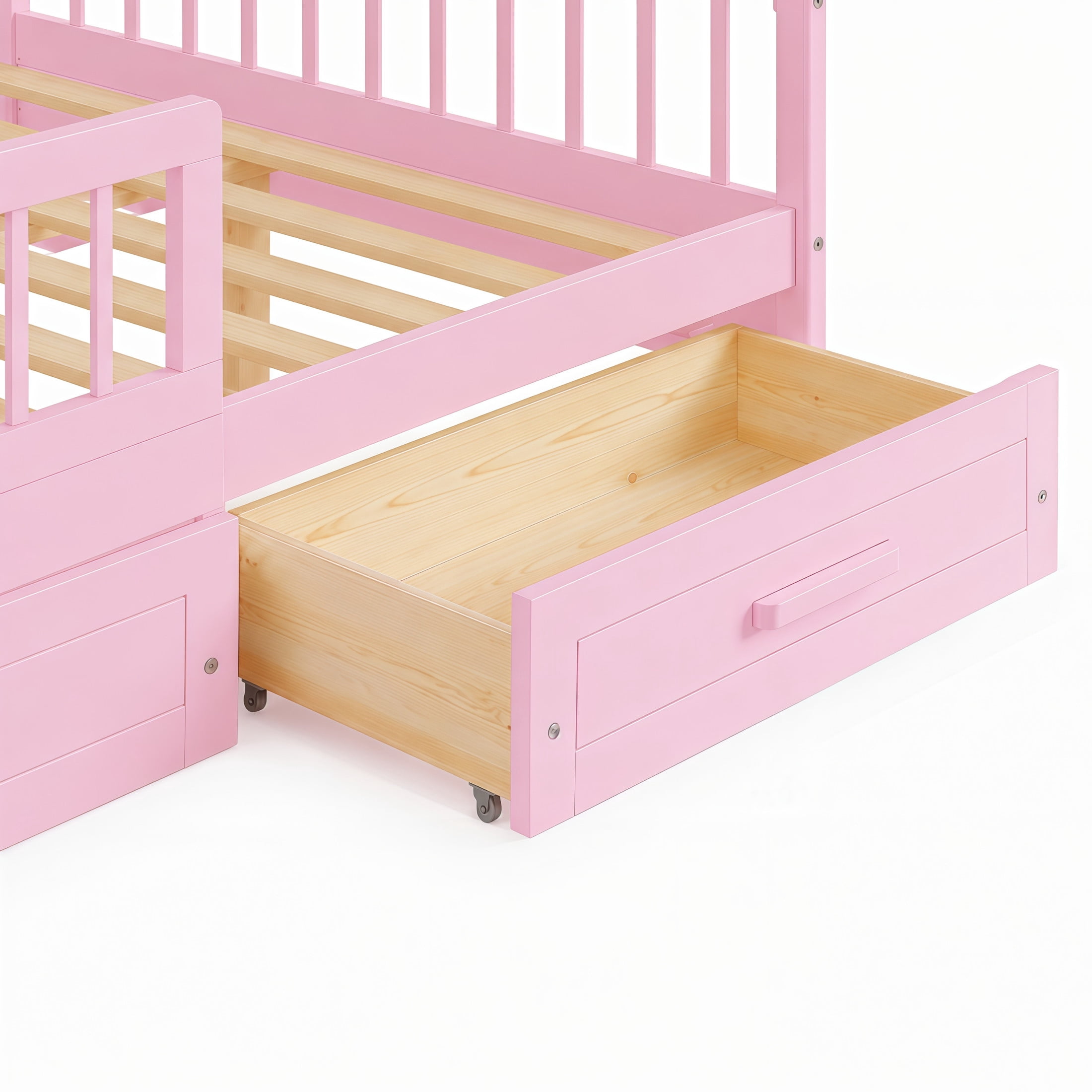 Noble House Orielle Full Kids Bed Frame with Storage Drawers, Low-Profile Platform Bed with Safety Guardrails, Pink