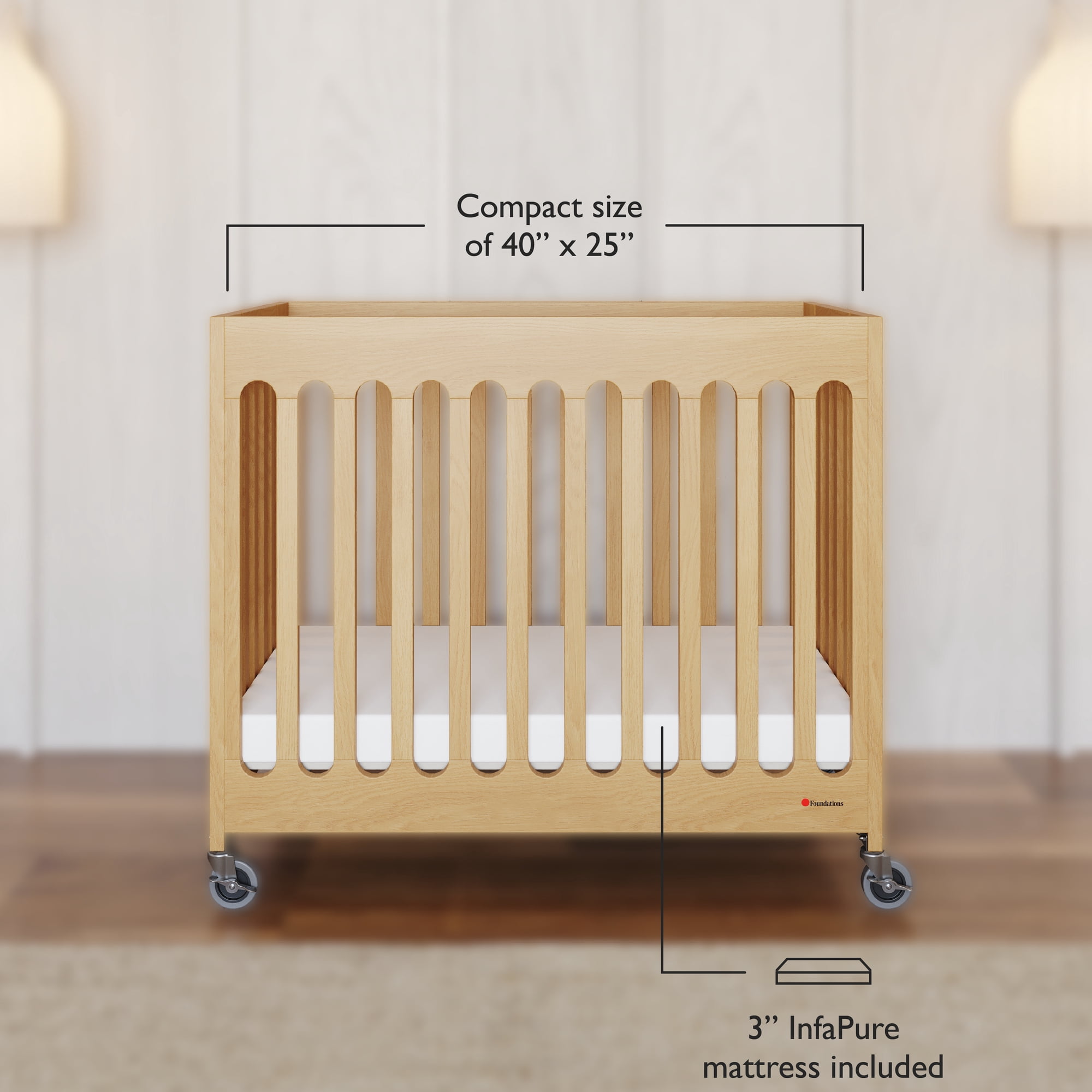 Foundations Boutique Compact Folding Hotel Crib with 3" Mattress and Locking Wheels, Natural