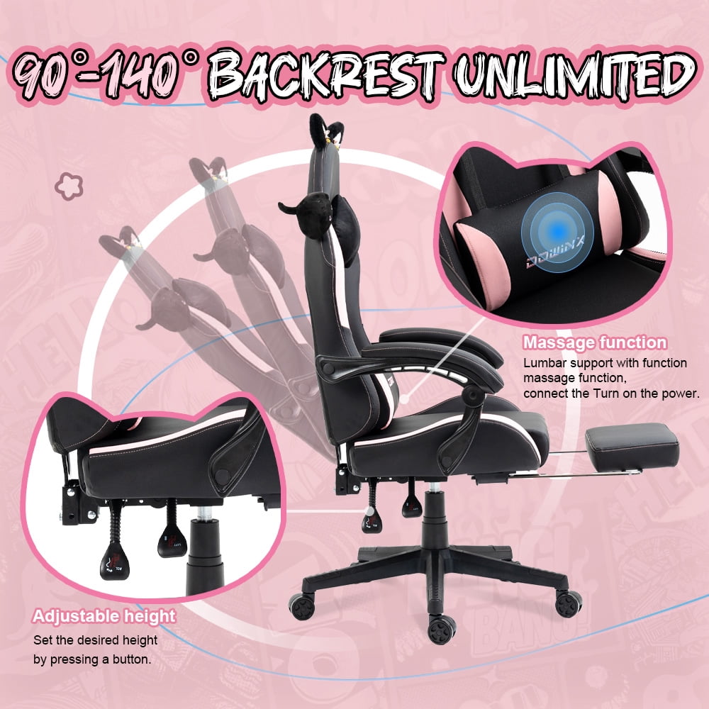 KARXAS Adult Cat Leather PC Gaming Chair with Massage Lumbar and Footrest,  Black and Pink