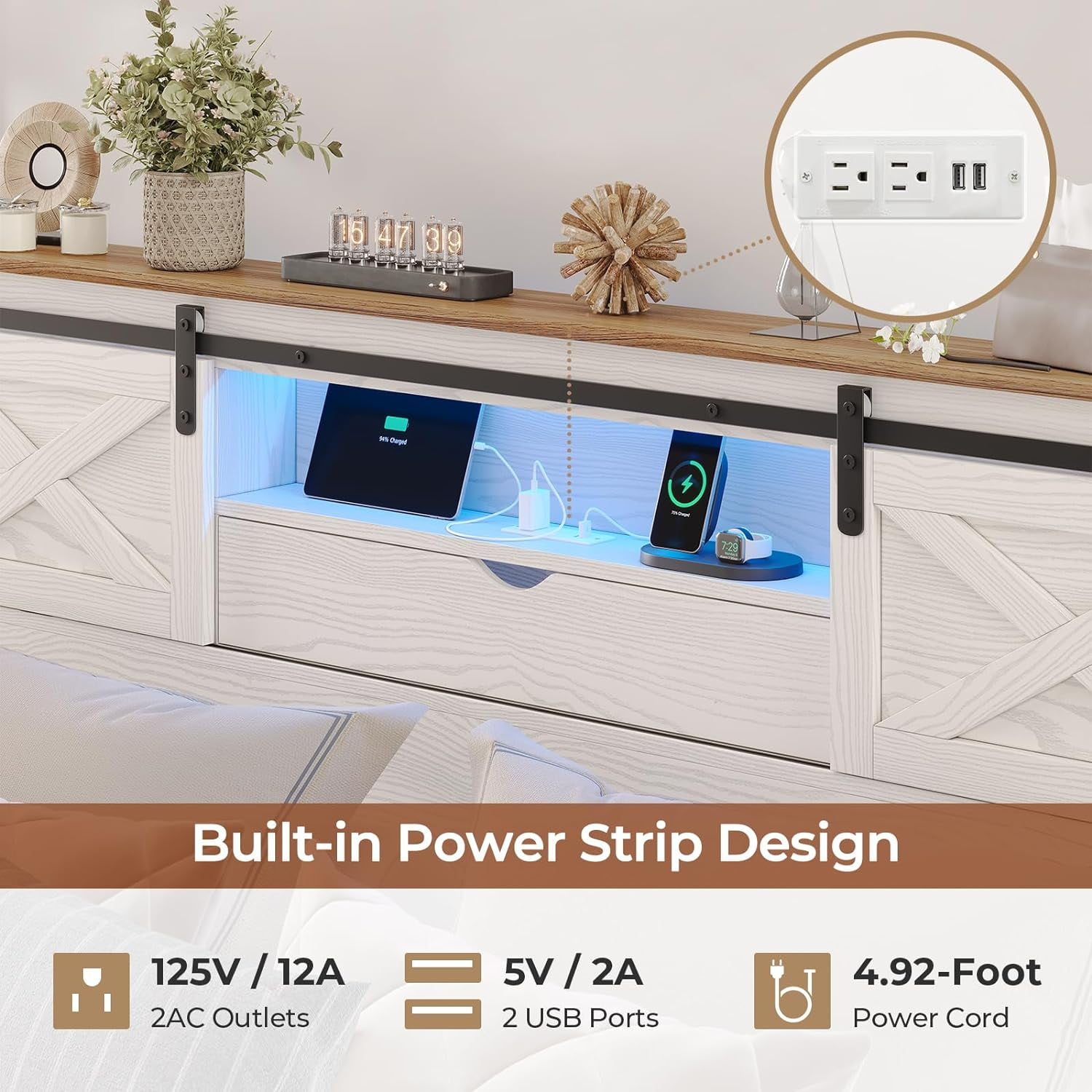 Queen Size Bed Frame with LED Lights and Charging Station, Farmhouse Storage Bed Frame with Headboard and Drawers, No Box Spring Needed, White