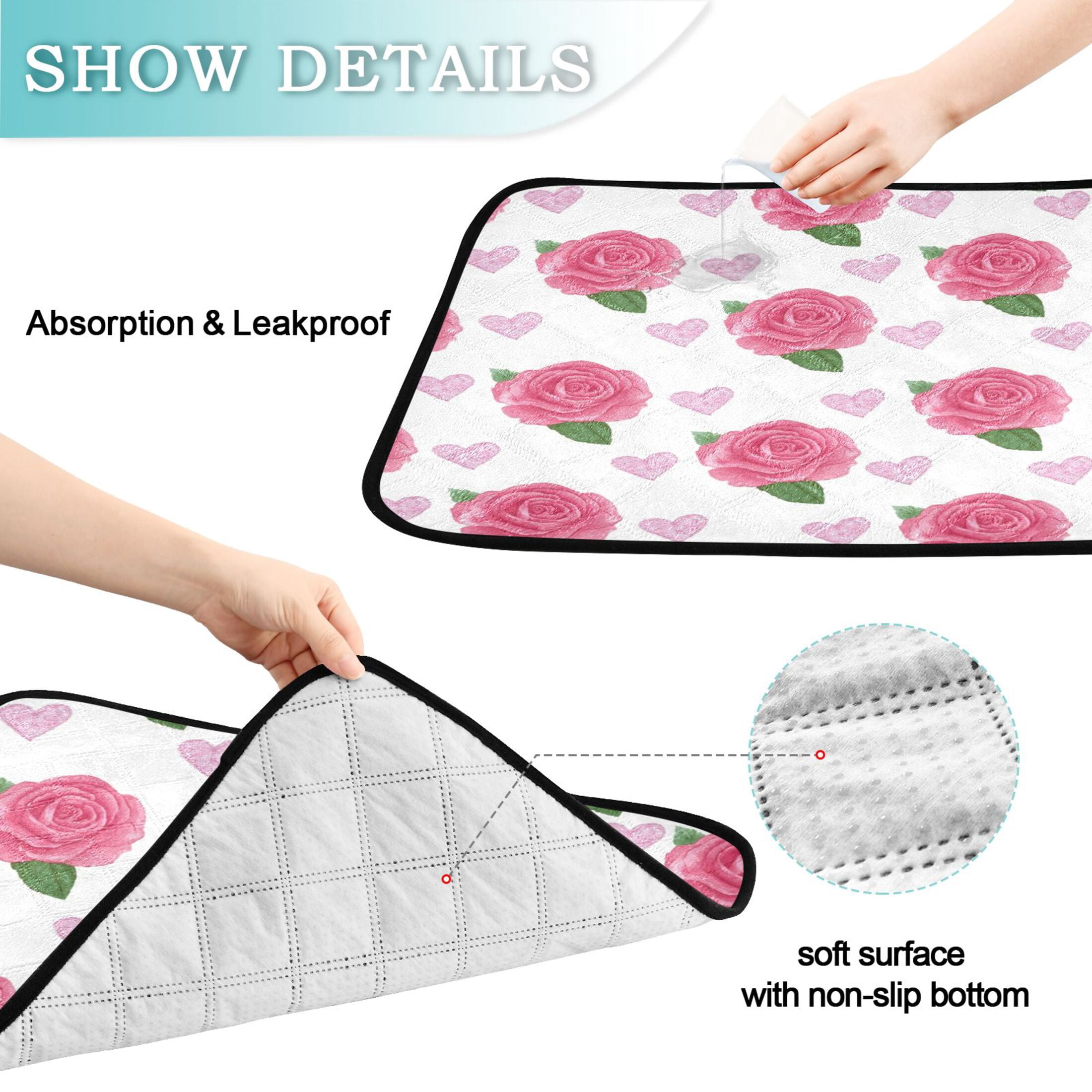 Washable Pet Pee Pads Soft Plush Absorbent Mat Non-Slip Floor Protector for for Dogs & Cats Pink Roses and Red Hearts
