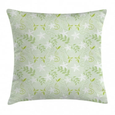 Mint Throw Pillow Cushion Cover, Swirling Floral Branches with Leaves and Flower Florets Nature Print, Decorative Square Accent Pillow Case, 16 X 16 Inches, Lime and Fern Green White, by Ambesonne