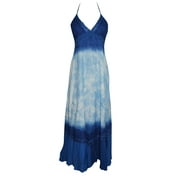 Mogul Womens Maxi Dress Adjustable Halter Sexy Blue Tie -Dye Long Dresses