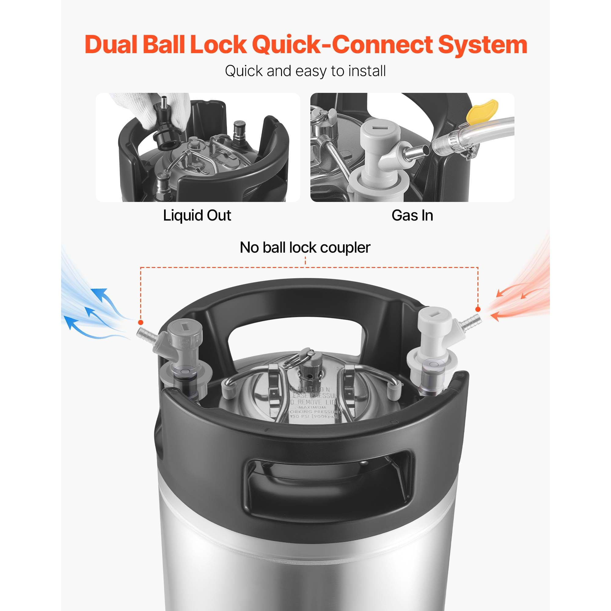 KFFKFF 5 Gallon Ball Lock Keg, Stainless Steel Cold Brew Keg with Dual Rubber Handles and Durable Rubber Base, Home Brewing Equipment for Parties, 1 PCS