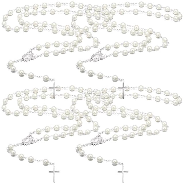 Collar Religiosos CatholicDivin09 4Pzas 39cm 1x1.5cm Cruz Cuentas 3mm Tipo Perlas Blanco.