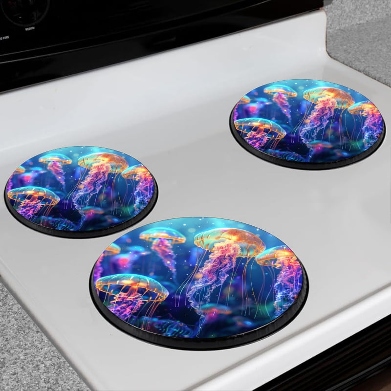 BaHomeck Electric Stove Burner Covers Set of 4,Round Metal Gas Stove Burner Covers 8 Inch and 10 Inch,Kitchen Decor,Rendering Of Glowing Jellyfish With Neon Colors