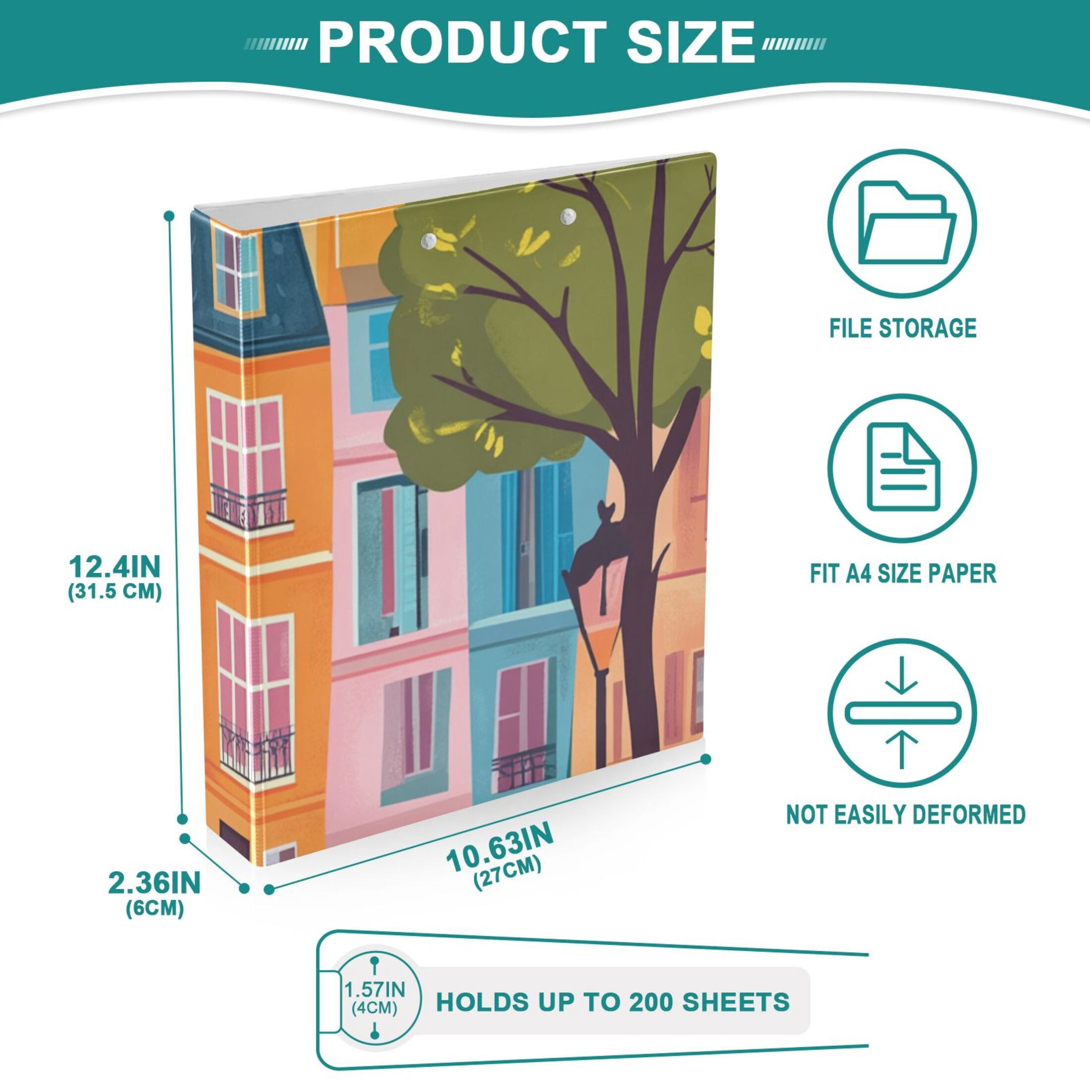 Houses Street 3 Ring Binders 1.5 inch Hardcover File Folders with Interior Pockets A4 Size Organizer for School Office Hospital