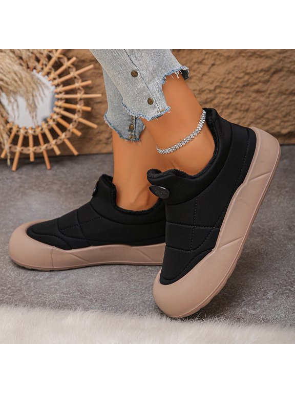 Women's Warm Winter Ankle Snow Boots, Thick Platform Plush Sneakers, Casual Non-Slip Slip-On Black/Brown