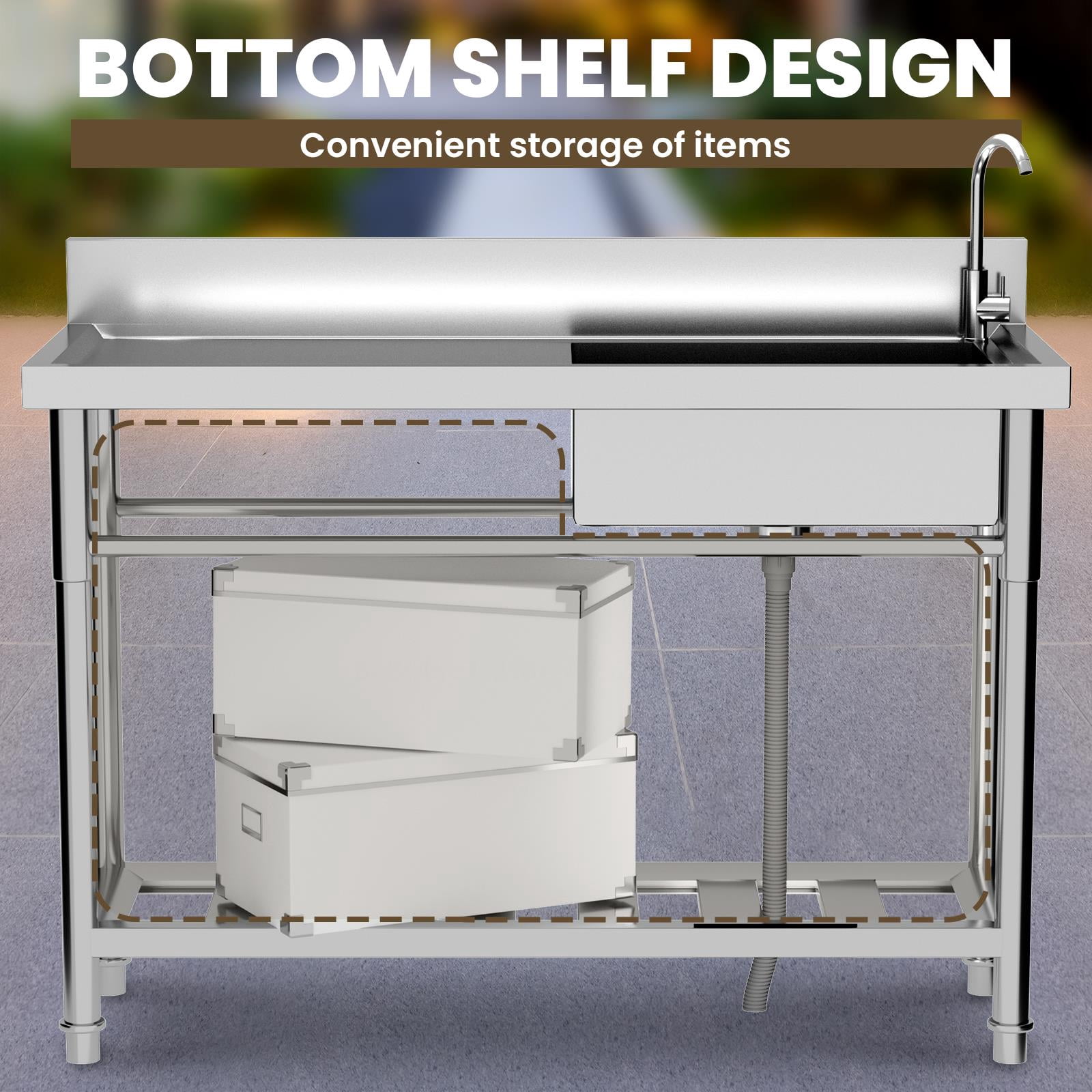 Free Standing 47in Stainless-Steel Sink Set, Commercial Prep & Utility with Workbench, Storage Shelves for Indoor Outdoor Catering Place