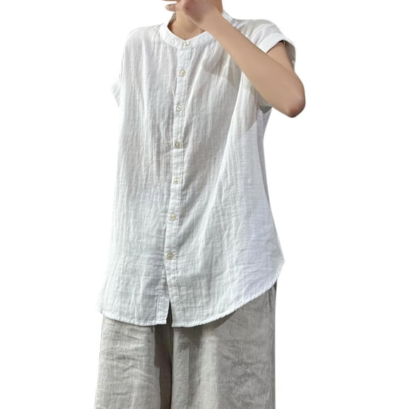 AKOEE Linen Button Down Shirts Womens Short Sleeve Lightweight Comfy Dressy Casual Blouses Loose Fit (XL, White)